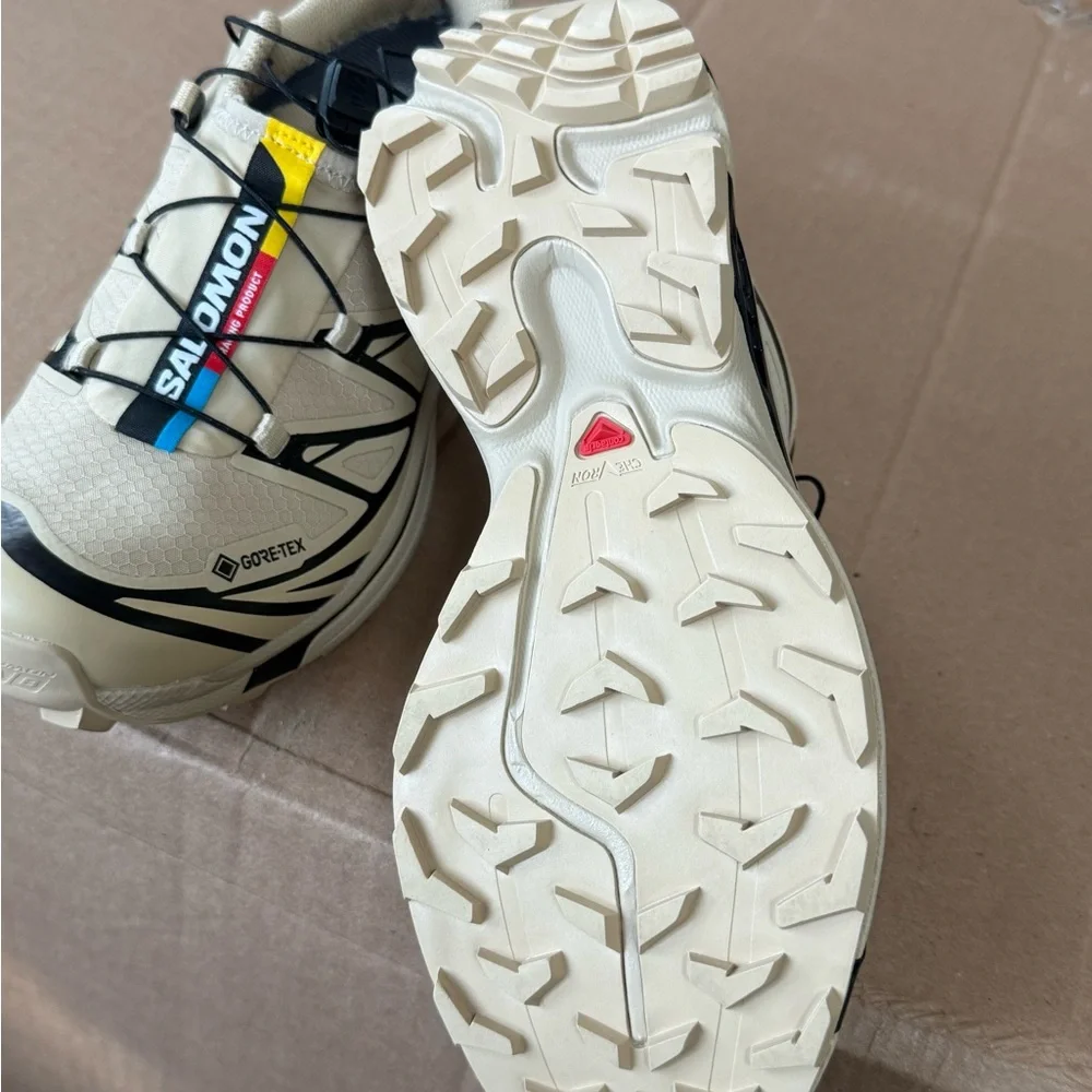 Salomon Men's Beige White Black Athletic Shoes with Yellow & Blue Accents